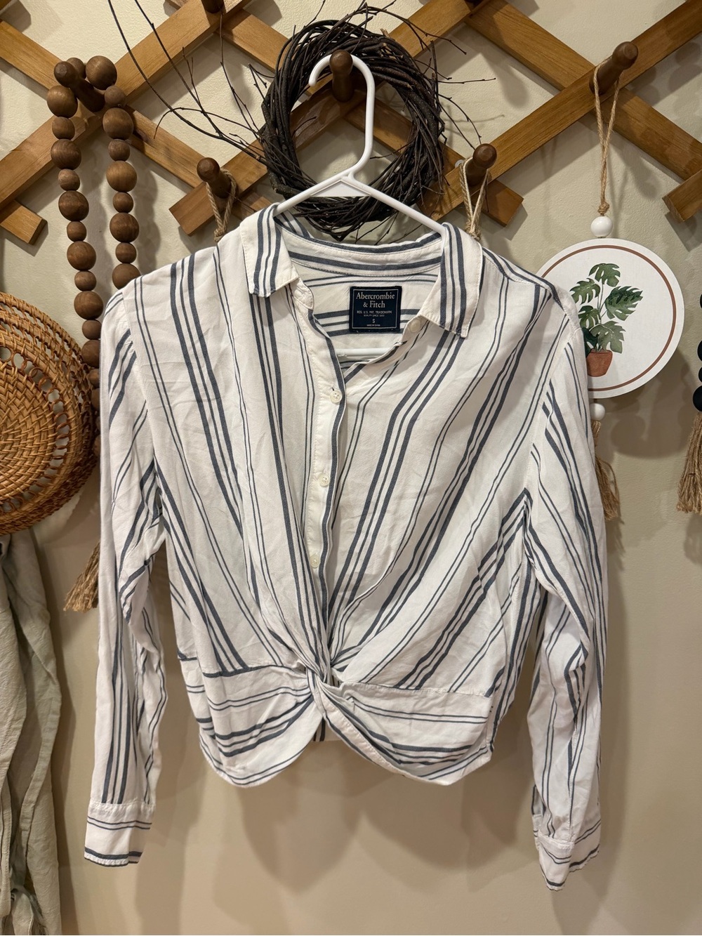 Abercrombie & Fitch White and Navy Striped Tie-Front Button Down